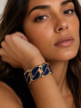 Gold Chunky Wide Hinged Cuff Bracelet Enameled Midnight Blue Shimmer Resin